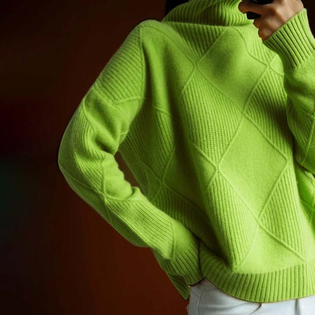 Marisol turtleneck sweater diamond knit detail, close-up back view