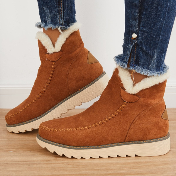 Marisol fur-trim ankle boots in brown, side view on model