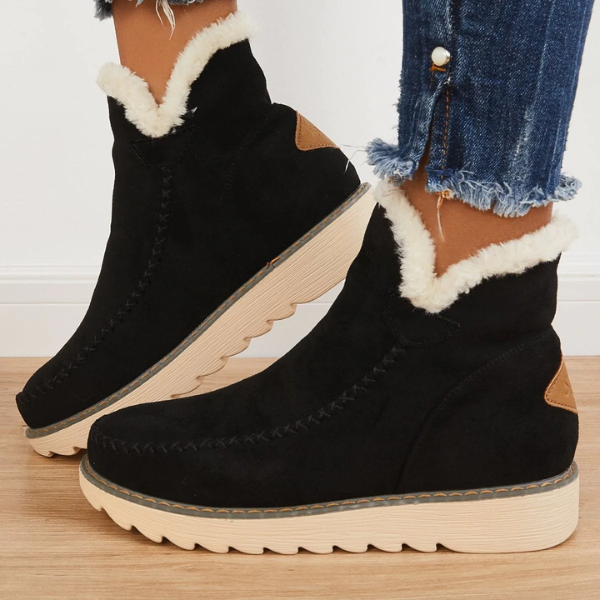 Marisol fur-trim ankle boots in black, side view on model