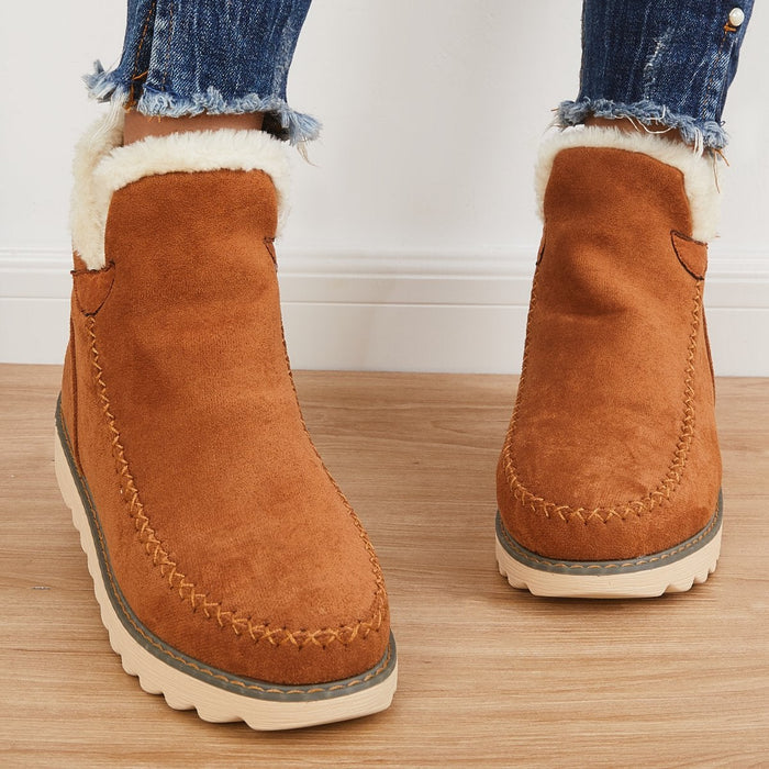 Marisol fur-trim ankle boots in brown, front close-up on model