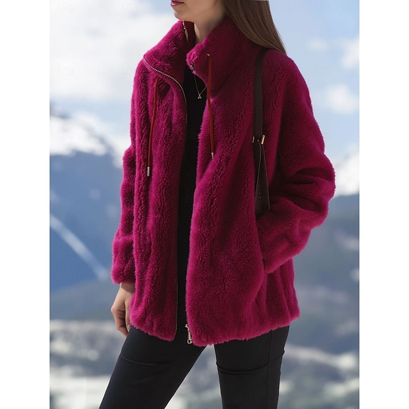 Marisol high collar fleece vest in magenta, side view