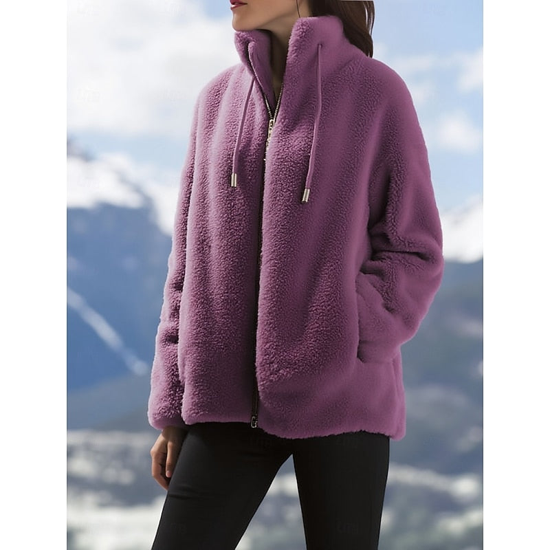 Marisol high collar fleece vest in purple, front view