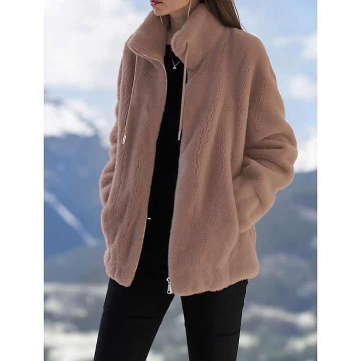 Marisol high collar fleece vest in taupe, front view