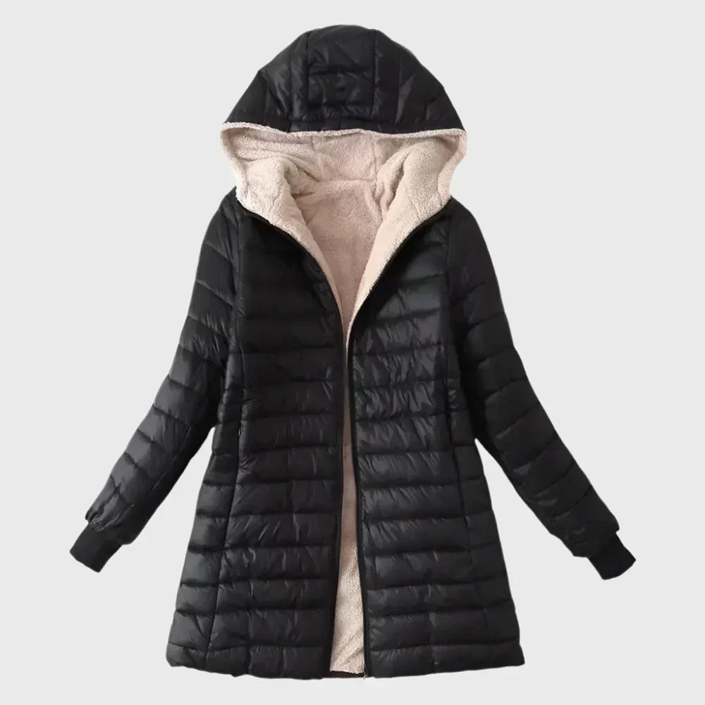 Marisol hooded shearling puffer jacket in black, close-up of lined hood