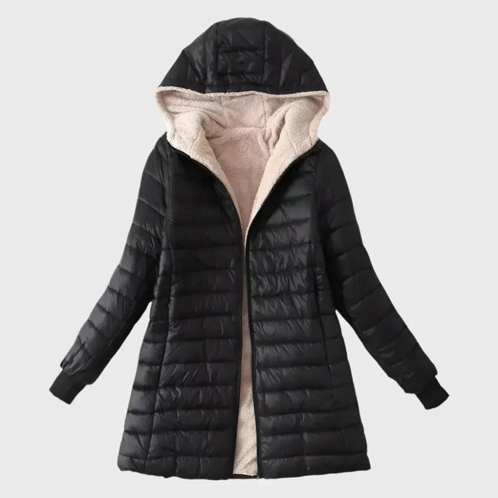 Marisol hooded shearling puffer jacket in black, close-up of lined hood
