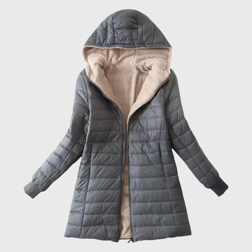 Marisol hooded shearling puffer jacket in gray, front view