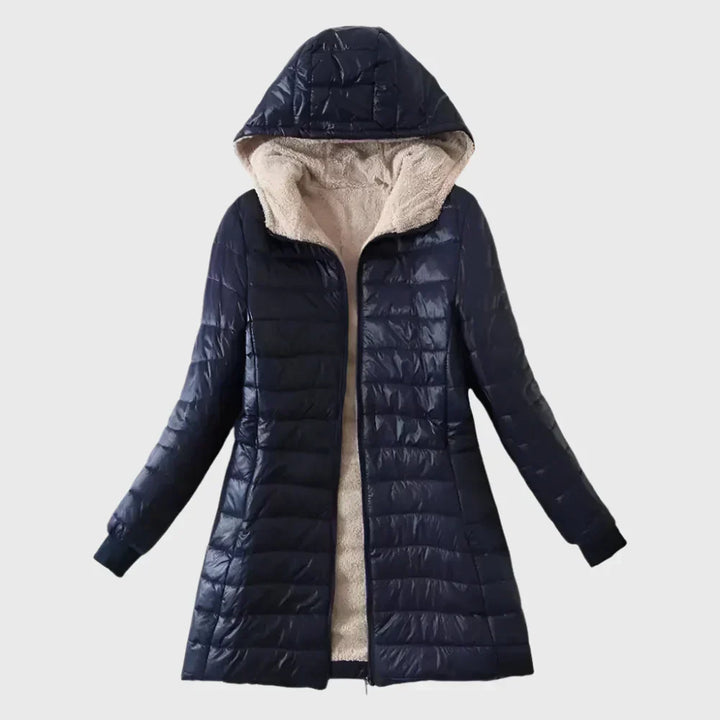 Marisol hooded shearling puffer jacket in navy, front view