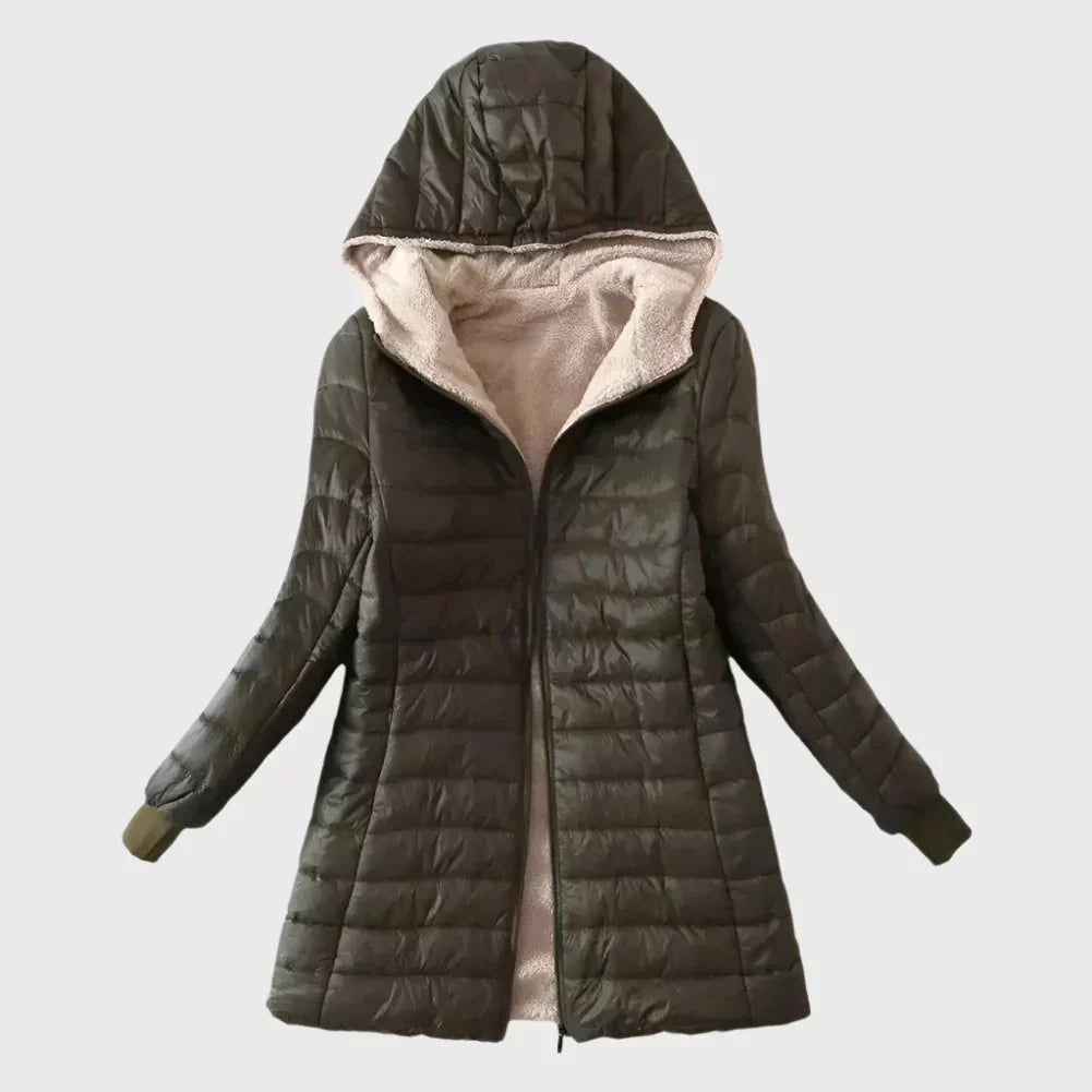 Marisol hooded shearling puffer jacket in navy, front view