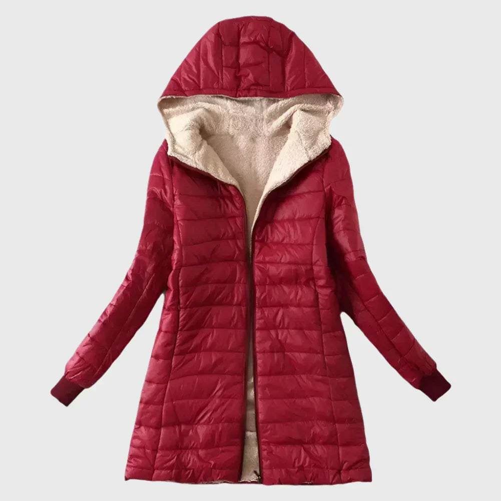 Marisol hooded shearling puffer jacket in navy, front view