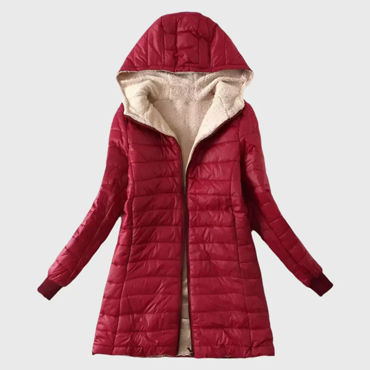 Marisol hooded shearling puffer jacket in navy, front view