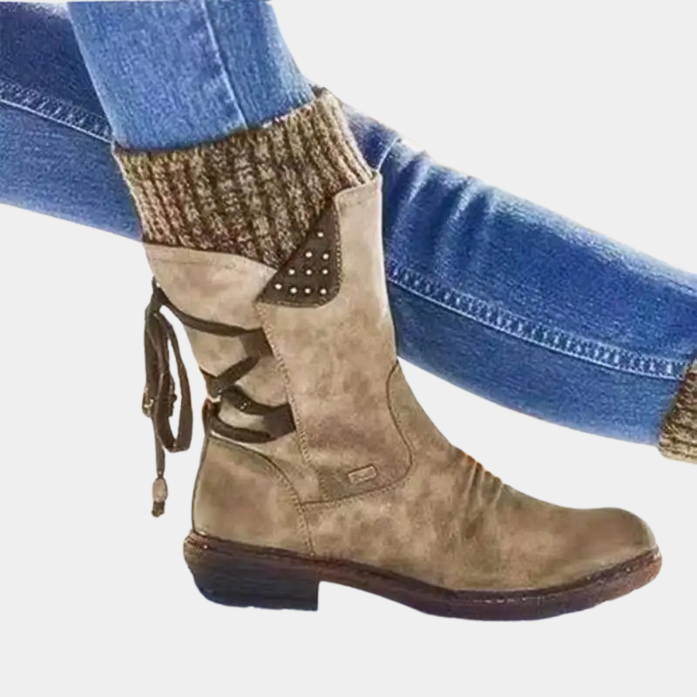 Marisol khaki mid-calf winter boots with knit cuff, side profile on model
