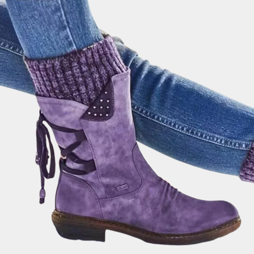 Marisol purple mid-calf winter boots with knit cuff, close-up side view