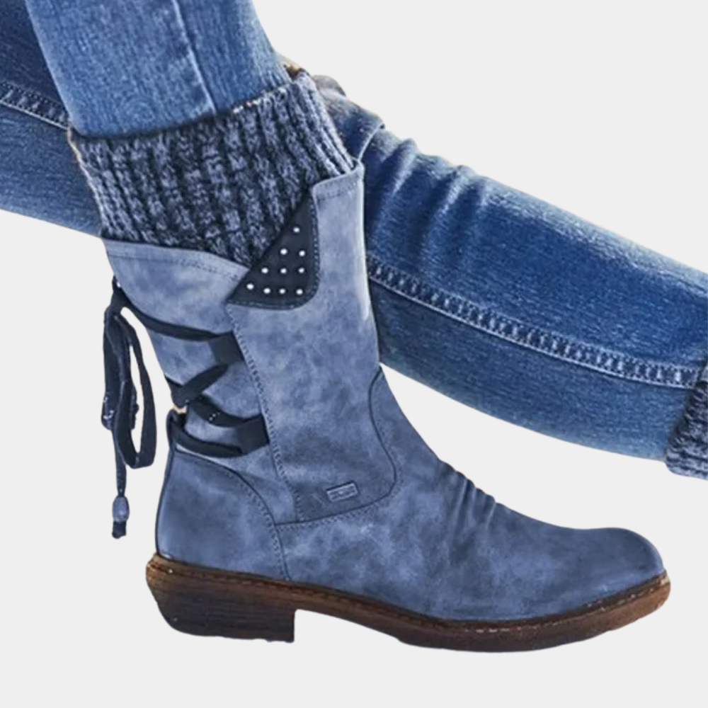 Marisol blue mid-calf winter boots with knit cuff, close-up side view