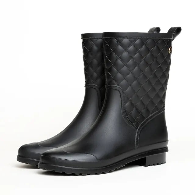 Marisol quilted rain boots in black, side view