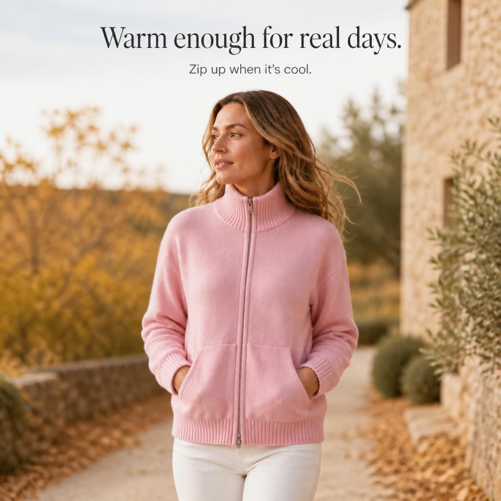 Marisol pink zip-front cardigan worn outdoors on city sidewalk