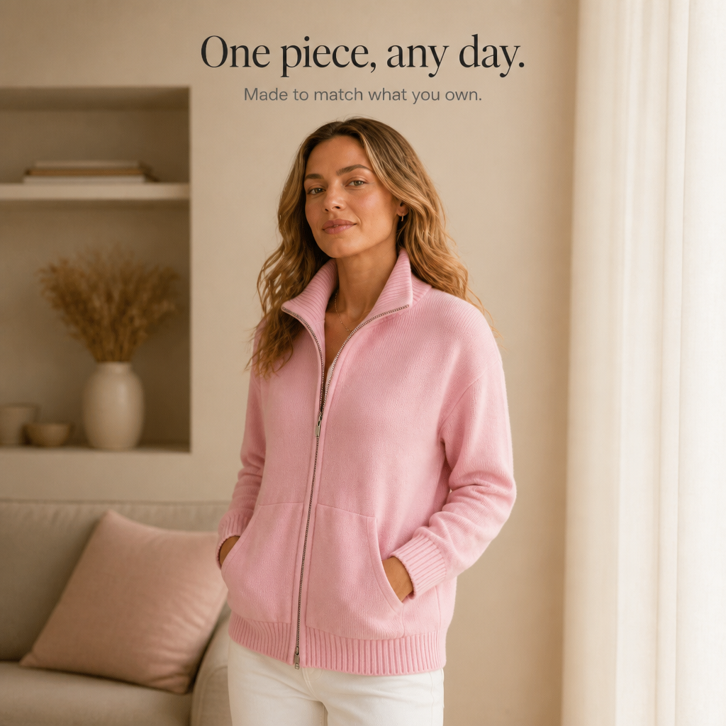 Marisol pink zip-front cardigan worn outdoors on city sidewalk