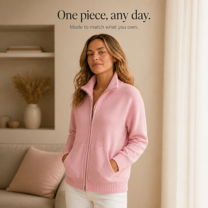 Marisol pink zip-front cardigan worn outdoors on city sidewalk