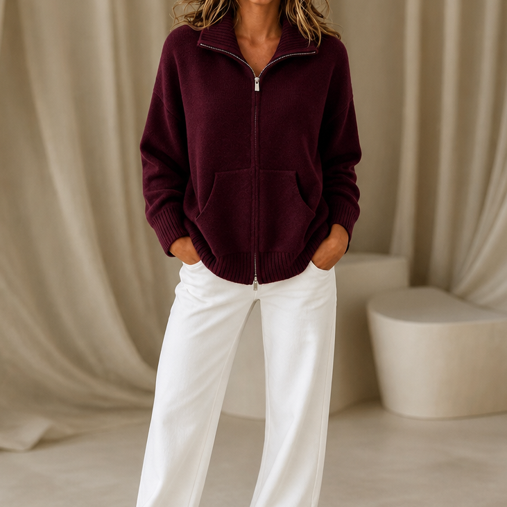 Marisol pink zip-front cardigan worn outdoors on city sidewalk