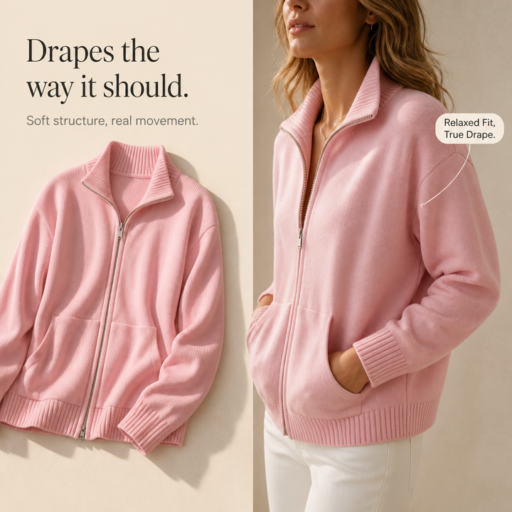 Marisol pink zip-front cardigan worn outdoors on city sidewalk