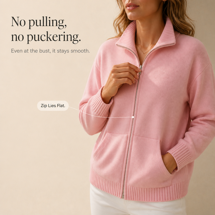 Marisol pink zip-front cardigan worn outdoors on city sidewalk