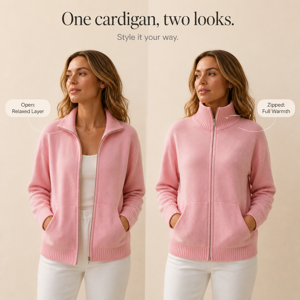 Marisol pink zip-front cardigan worn outdoors on city sidewalk