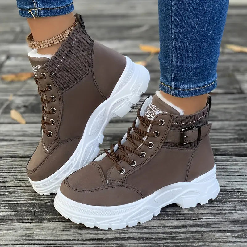 Marissa brown lace-up chunky sole high-top sneaker boots, side view on foot