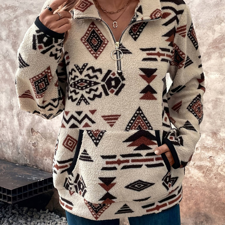Marlowe Aztec print quarter-zip pullover, close-up front view of collar and zipper