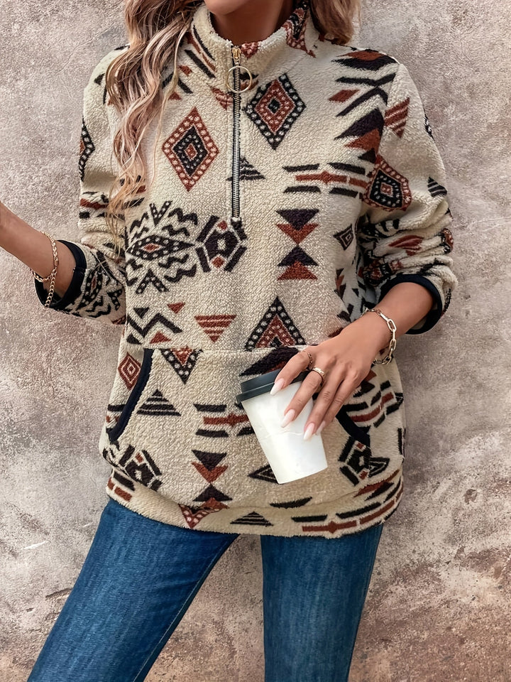 Marlowe Aztec print quarter-zip pullover, close-up of zipper and cuff