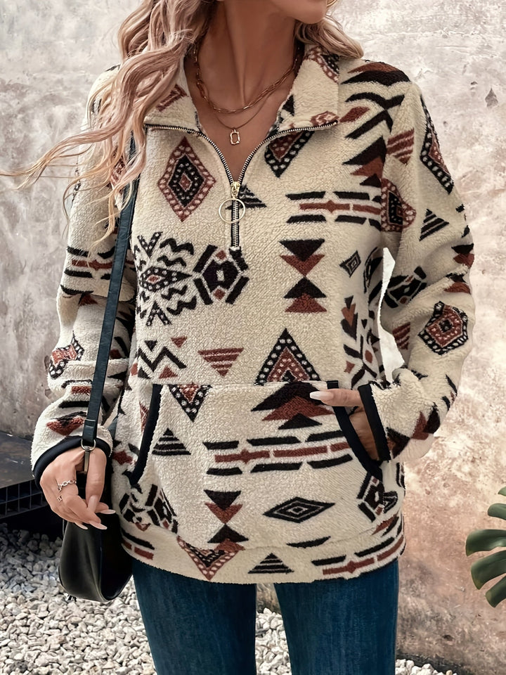 Marlowe Aztec print quarter-zip pullover, front view with kangaroo pocket