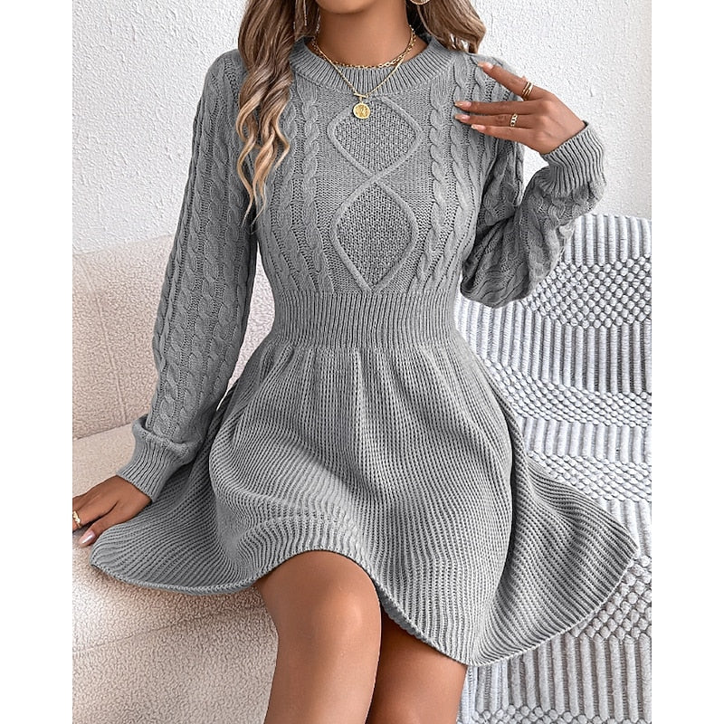 Marlowe cable-knit sweater dress with crew neck, close-up front view in grey