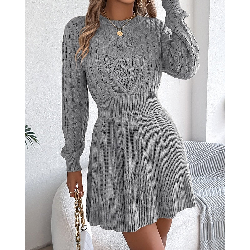 Marlowe cable-knit sweater dress with handbag accessory, grey