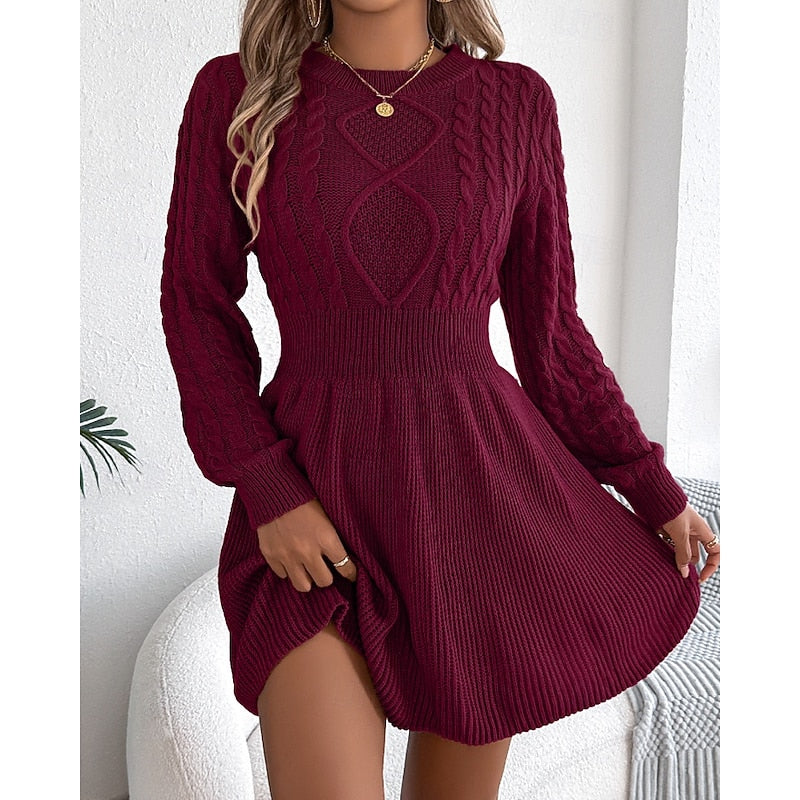 Marlowe cable-knit sweater dress with handbag accessory, wine red