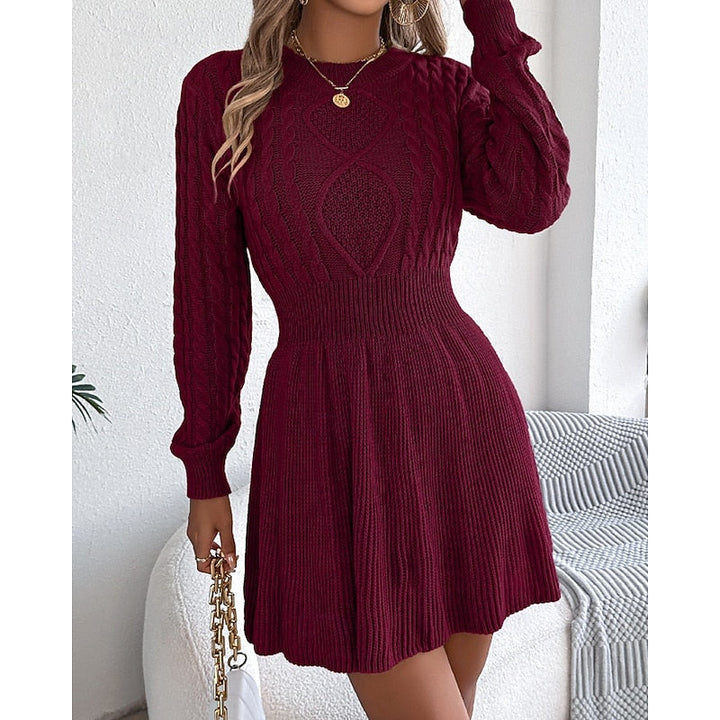 Marlowe cable-knit sweater dress, back view showing knit texture, wine red