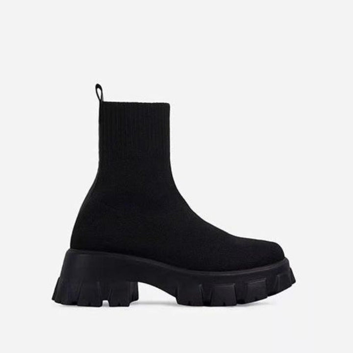Marlowe chunky sock platform boots in black, front pair view