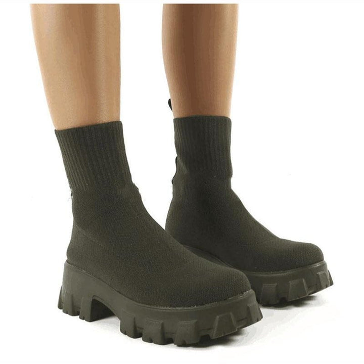 Marlowe chunky sock platform boots in black, front pair view