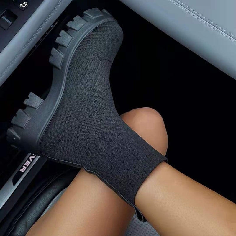 Marlowe chunky sock platform boots in black, close-up side view
