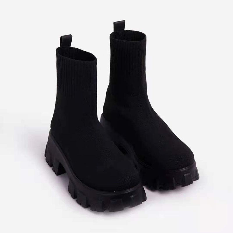 Marlowe chunky sock platform boots in black, front pair view