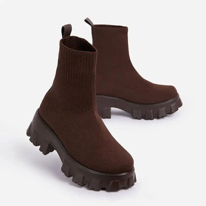 Marlowe chunky sock platform boots in black, front pair view