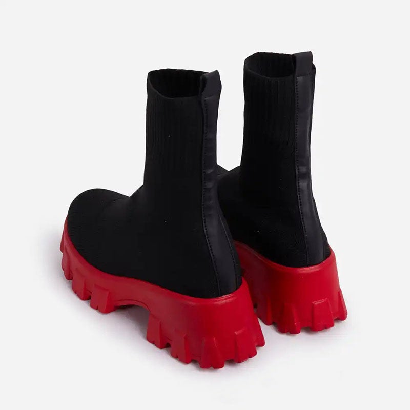 Marlowe chunky sock platform boots in black, front pair view