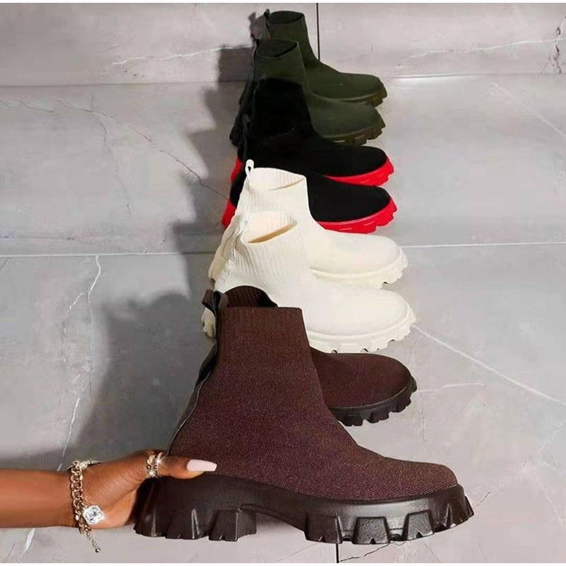 Marlowe chunky sock platform boots in black, front pair view