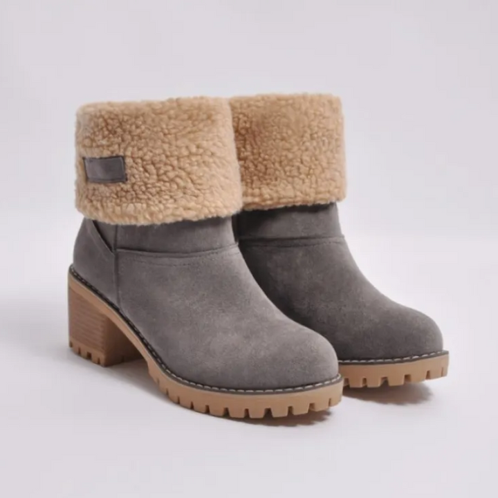 Marlowe fold-over cuff block heel ankle boots in gray, front view