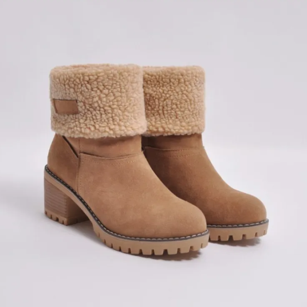 Marlowe fold-over cuff block heel ankle boots in tan, front view