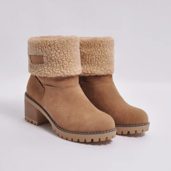 Marlowe fold-over cuff block heel ankle boots in tan, front view