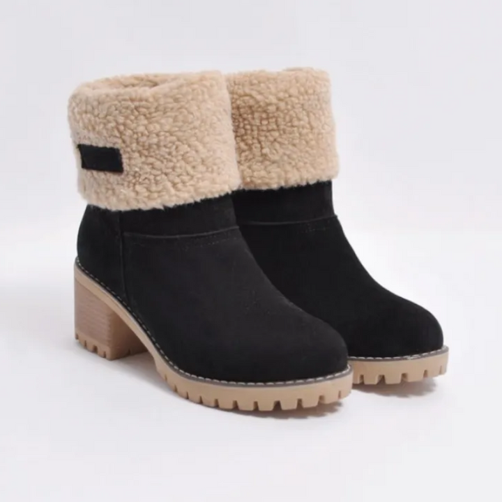 Marlowe fold-over cuff block heel ankle boots in black, front view
