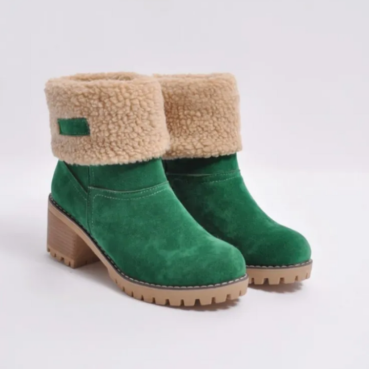 Marlowe fold-over cuff block heel ankle boots in green, front view
