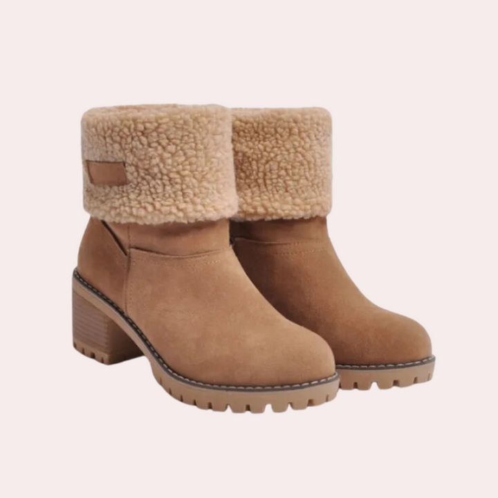 Marlowe fold-over cuff block heel ankle boots in tan, side angle view