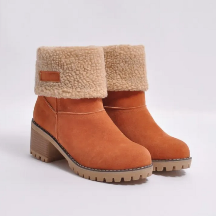 Marlowe fold-over cuff block heel ankle boots in orange, front view