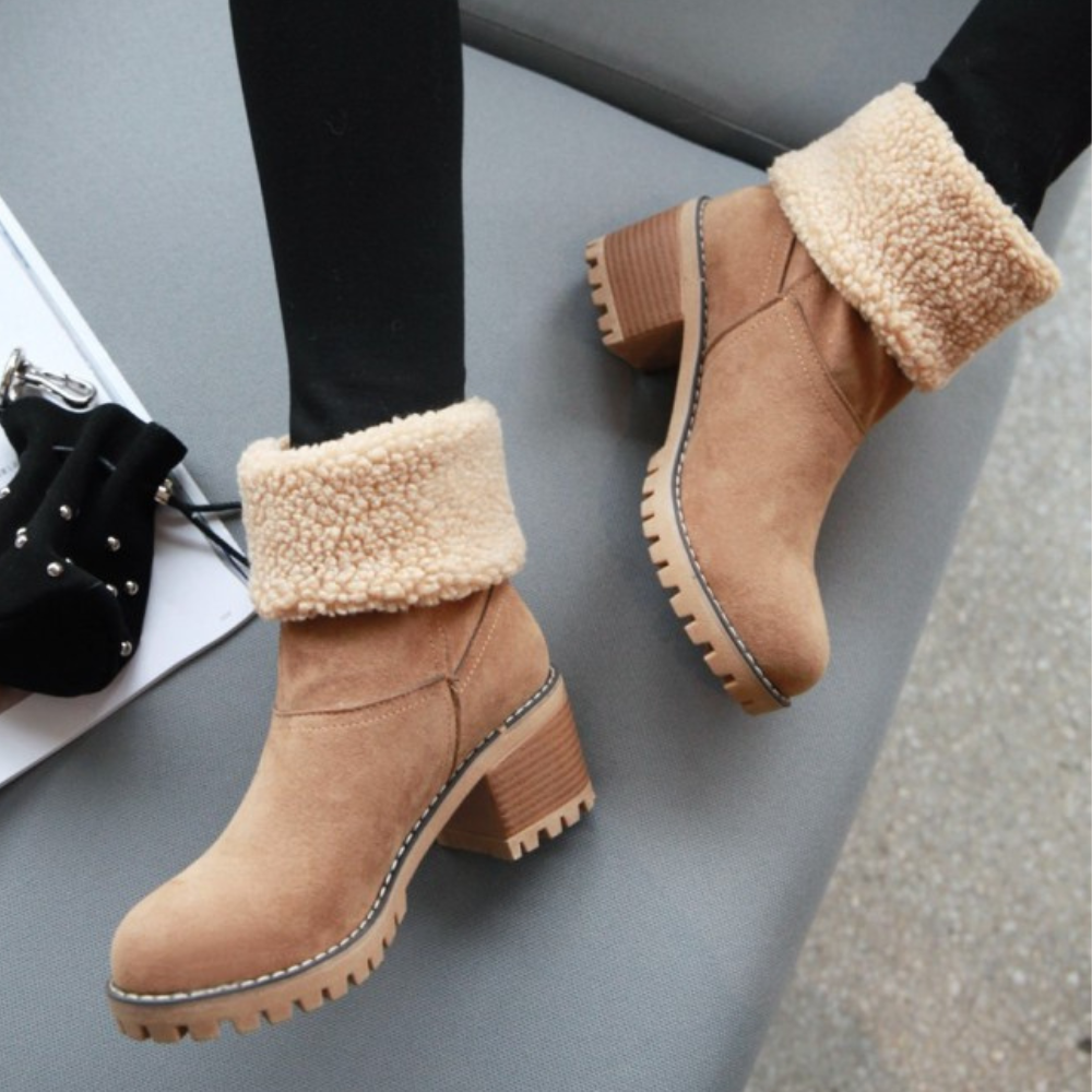 Marlowe fold-over cuff block heel ankle boots styled with black leggings