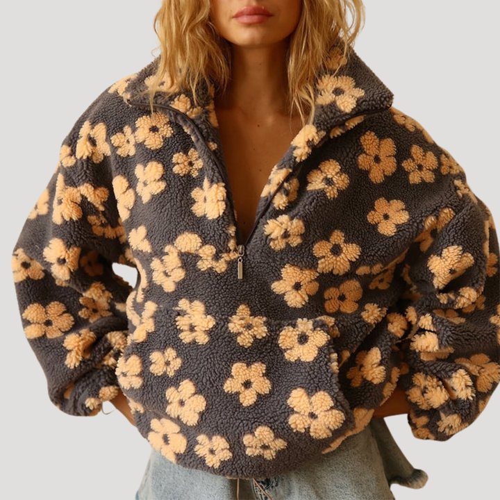 Marlowe floral half-zip sweater in gray with yellow floral print, close-up front view