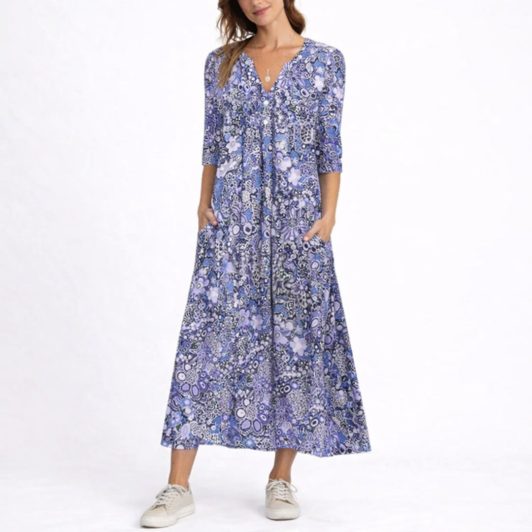 Marlowe floral V-neck midi dress in blue, front view